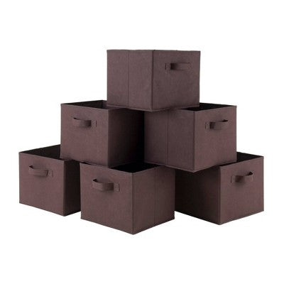 Winsome Set of 6 Capri Foldable Fabric Baskets Chocolate: Compatible with 11 Inch Cube Storage, Square Fabric Containers