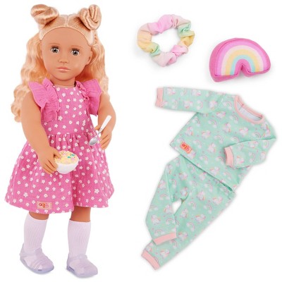 Our Generation Gillian 18" Doll with Pink Dress & Rainbow Pajama Outfit: Fashion, Hair Blonde, Hazel Eyes, Wavy Hair