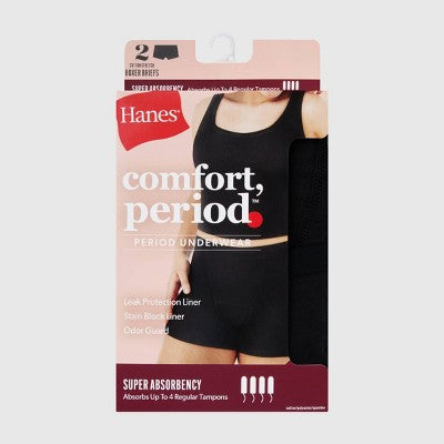 Hanes Women's 2pk Comfort Period Boxer Briefs, Super Leaks - Black 6: Moisture Wicking, High Rise, Absorbent Panel