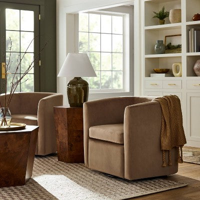Vernon Upholstered Barrel Swivel Accent Chair Light Brown Velvet - Threshold designed with Studio McGee: Polyester, Plywood Frame (LOCAL PICKUP ONLY)