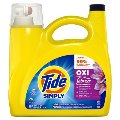 Tide Simply Oxi Boost + Febreze Odor Defense, 105 fl oz, 74 Loads, Tough on Stains and Odors, Febreze Sunny Breeze Scent