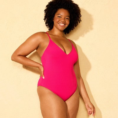 Women's Long Torso Plunge Neck Cheeky One Piece Swimsuit Pink S
