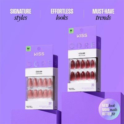 KISS Nails CORE Press-On Fake Nails - Medium Almond - Pinot Noir - 35ct