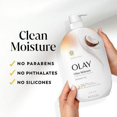 Olay Ultra Moisture Coconut Oil, Vitamin B3 and Hyaluronic Blend Body Wash - 35 fl oz: For Dry and Sensitive Skin, Liquid Formula, Whole Body Use