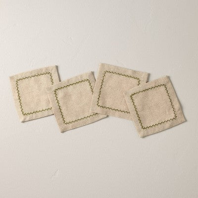 Set of 4 Embroidered Border Cloth Cocktail Napkins Natural/Green - Hearth & Hand with Magnolia