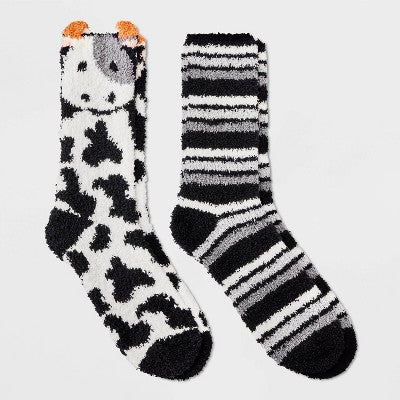 Women's Cow 2pk Cozy Crew Socks - Black/White 4-10