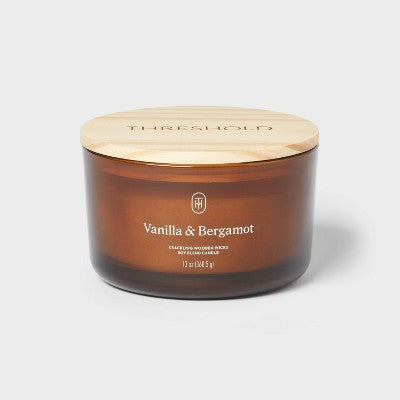 3-Wick Amber Glass Wooden Wick Vanilla and Bergamot Jar Candle 13oz - Threshold