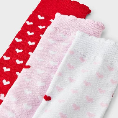 Women's Mini Hearts Scallop Cuff Valentine's Day 3pk Crew Socks - Pink/White/Red 4-10