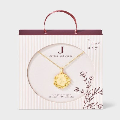 14k Gold Dipped Floral Etched Initial "J" Round Tag Pendant Necklace - A New Day Gold