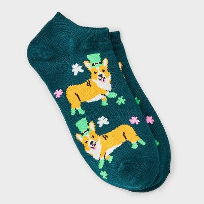 Women's Corgi Leprechaun St. Patrick's Day Low Cut Socks - Green 4-10: Recycled Polyester Knit, Banded Cuff