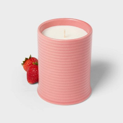 14oz Ceramic Ribbed Jar Candle Fresh Strawberry and Hibiscus - Threshold