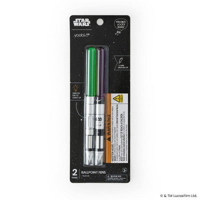 Yoobi Star Wars 2pk Light Up Ballpoint Pens, 1.0mm Black Ink - Green/Purple Lightsaber, School Supplies