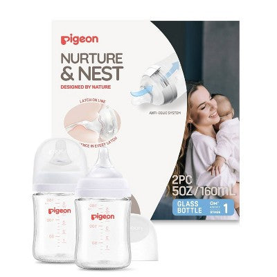 Pigeon Nurture & Nest Wide-Neck Anti-colic Glass Baby Bottles with Nipples - 5 fl oz/2pk