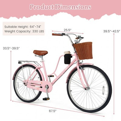 Gymax 26-Inch Beach Cruiser Bike w/Adjustable Seat Woven Basket & Rear Rack for City (LOCAL PICKUP ONLY)