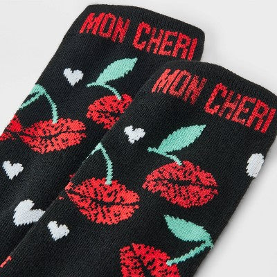 Women's 'Mon Cheri' Cherry Kisses Valentine's Day Crew Socks - Black 4-10