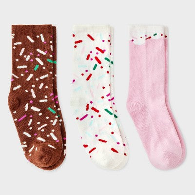 Kid's Donut Hole Christmas 3pk Crew Socks - Brown/Pink/Ivory 2-5