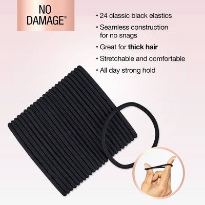 scunci No Damage Elastic Hair Ties - Black - Thick Hair - 5mm - 24pcs