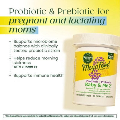 MegaFood Baby & Me Prenatal Probiotic + Prebiotic Shelf Stable Capsules - 2: 10 Billion CFU, Unflavored Formula