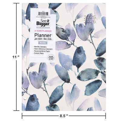 PlanAhead, See it Bigger, Jan 2025-Dec 2026 Monthly, Planner, 8.5"x11", Blue Leaf Floral
