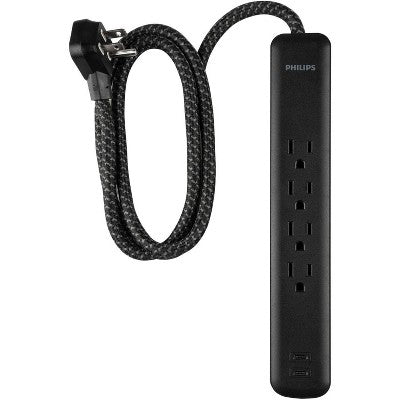 Philips 4 ft Surge Protector 4 Outlet 2 USB-C 15W Shared 450J Braided Cord Flat Plug - Black