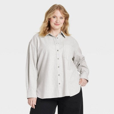 Women's Oversized Flannel Collared Button-Down Shirt - Gray 2X
