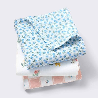 Muslin Swaddle Baby Blanket - Traditional Floral - 3pk - Cloud Island: 47" Cotton, Logo Pattern, 180 Thread Count
