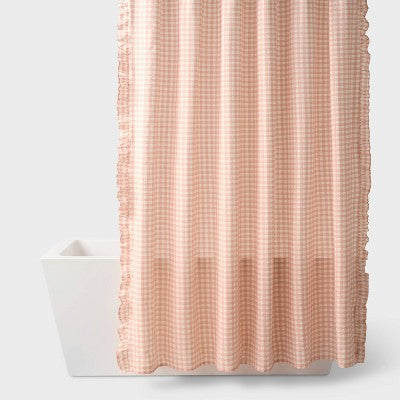 Gingham Ruffle Dorm Shower Curtain Pink/Ivory - Room Essentials
