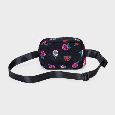 Girls' Rose Print Crossbody Bag - Cat & Jack Black: Floral Pattern, Adjustable Strap, Miniature Design