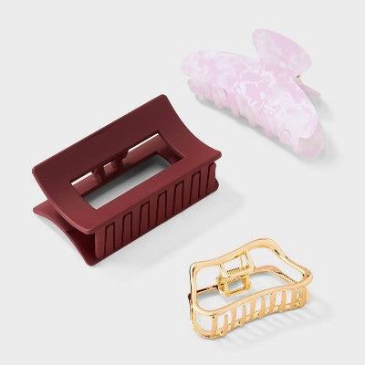 Mixed Shape Abstract Claw Hair Clip Set 3pc - Universal Thread Gold/Maroon/Pink