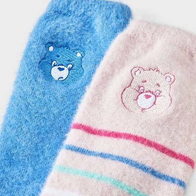 Women's Care Bears Furry Face Box of Cozy Embroidered Crew Socks - Pink/Blue 4-10