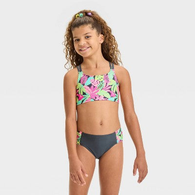 Girls' Floral Printed Rash Guard Set - Cat & Jack Blue/Pink M