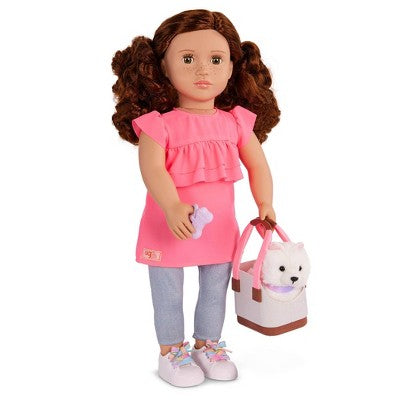 Our Generation Becca & Pearl 18'' Doll & Pet Dog Plush Carrier Accessories Set