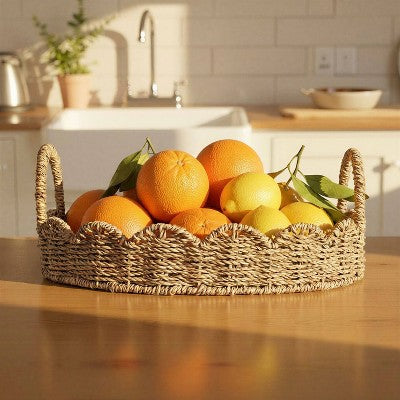 Household Essentials Round Handwoven Seagrass Tray with Scalloped Edge and Handles Natural: Decorative Brown Metal Platter