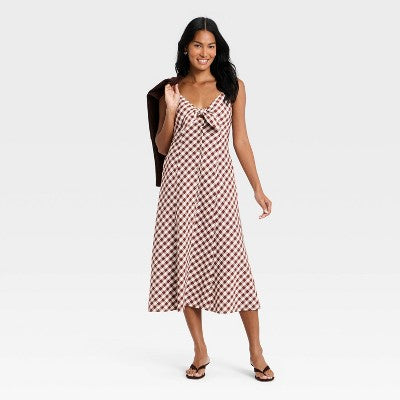 Women's Sleeveless Bow Midi ALine Dress A New Day Brown Gingham L