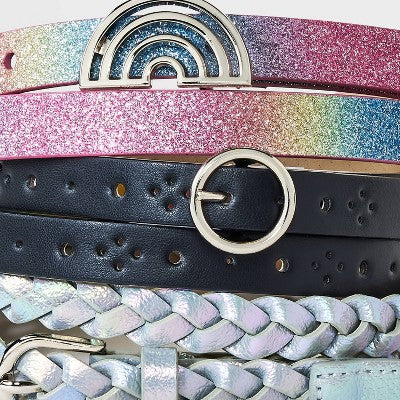Girls' 3pk Rainbow Belt Set - Cat & Jack M: Adjustable Skinny Apparel Accessories with Buckle Closure