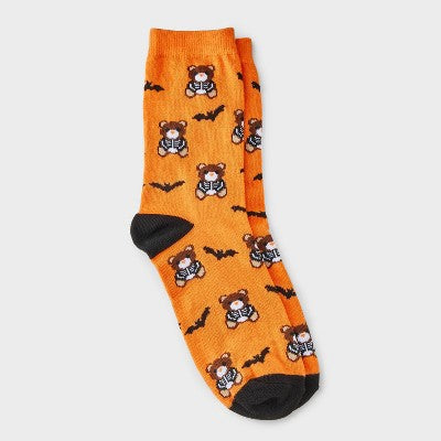 Women's Teddy Bear Skeleton Halloween Crew Socks - Hyde and EEK! Boutique Orange/Black 4 - 10