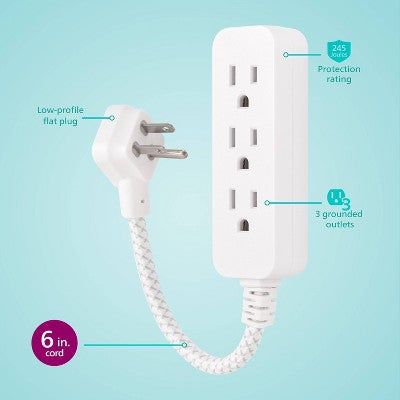 Philips 3-Outlet Surge Protector with 1 Ft. Extension Cord, Gray and White: Short Cord