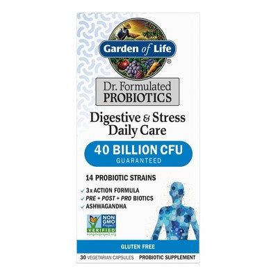 Garden of Life Dr. Formulated Digestive + Stress Probiotic Capsule - 30ct: 40 Billion CFU, Certified Gluten-Free, Non-GMO Verified