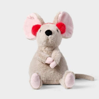 7" Tan Mouse with Red Ear Muffs Stuffed Animal - Gigglescape
