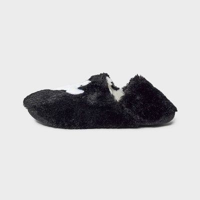 Women's Ghost Embroidered Halloween Faux Fur Pull-On Slipper Socks with Grippers - Hyde & EEK! Boutique Black/White S/M
