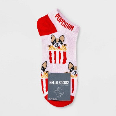Women's 'Pupcorn' Puppy Low Cut Socks - Pink/Red 4-10: Recycled Polyester, Lightweight, Banded Cuff, Machine Washable