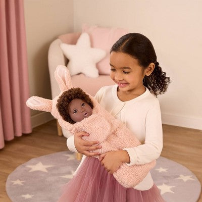 LullaBaby 14" Baby Doll with Curly Brown Hair and Brown Eyes with Cuddler Wrap
