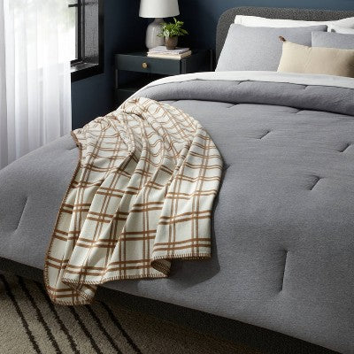 Full/Queen Brushed Cotton Blanket Ivory/Brown Plaid - Threshold