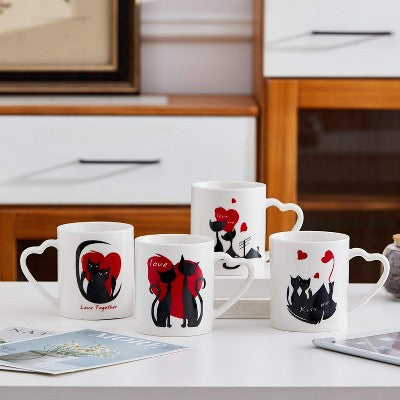 Bruntmor 18 Oz Porcelain Cat Design Coffee Mug Set of 4, White