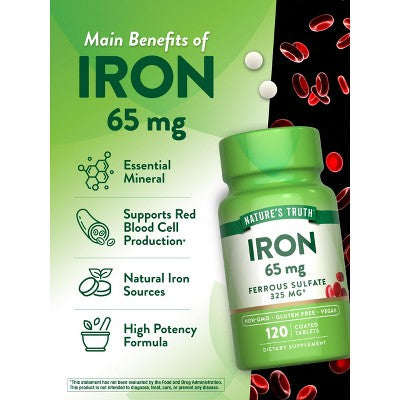 Nature's Truth Iron Ferrous Sulfate 65mg | 120 Tablets EXP: 04/2027