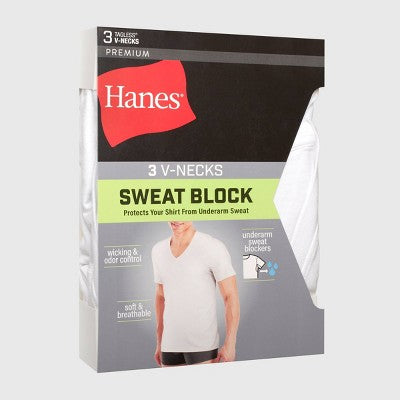 Hanes Premium Men's Sweat Block V-Neck Undershirt 3pk - White XXL: Cotton, Lightweight, Tagless, Moisture Wicking
