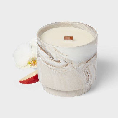 15oz Marble Print Ceramic Wooden Wick Pumpkin Bourbon Jar Candle - Threshold