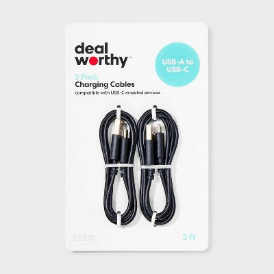 3' USB-A to USB-C 2pk Cable - dealworthy Black