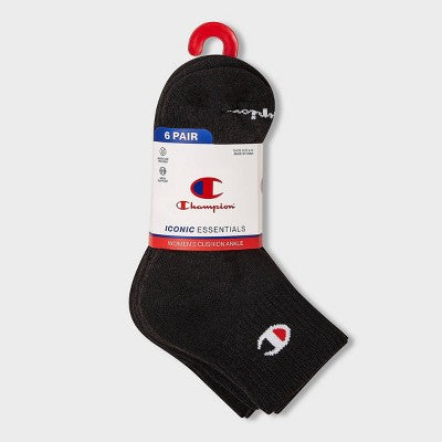 Champion Iconic Essentials Women's 6pk Cushioned Quarter Crew Socks - Black 4-10
