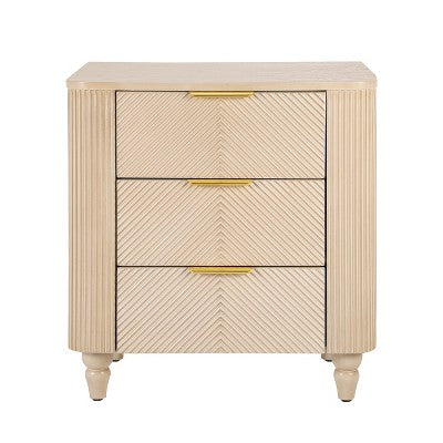 ModernLuxe Fluted 3 Drawers Nightstand Bedside Table End Table, Mid-Century Side Table with Gold Glossy Handles & Gourd Legs, Champagne (LOCAL PICKUP ONLY)